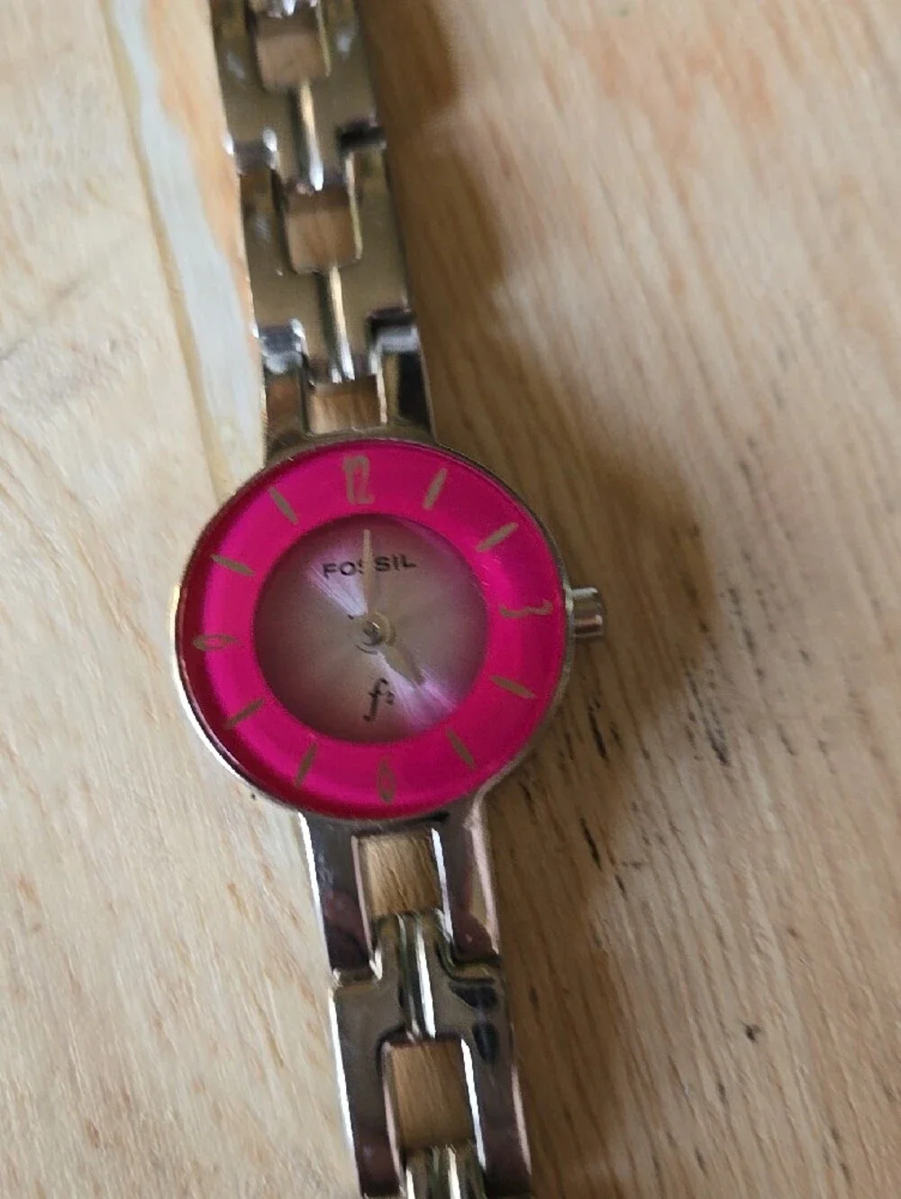Fossil Silver Link Watch with Bright Pink Dial
